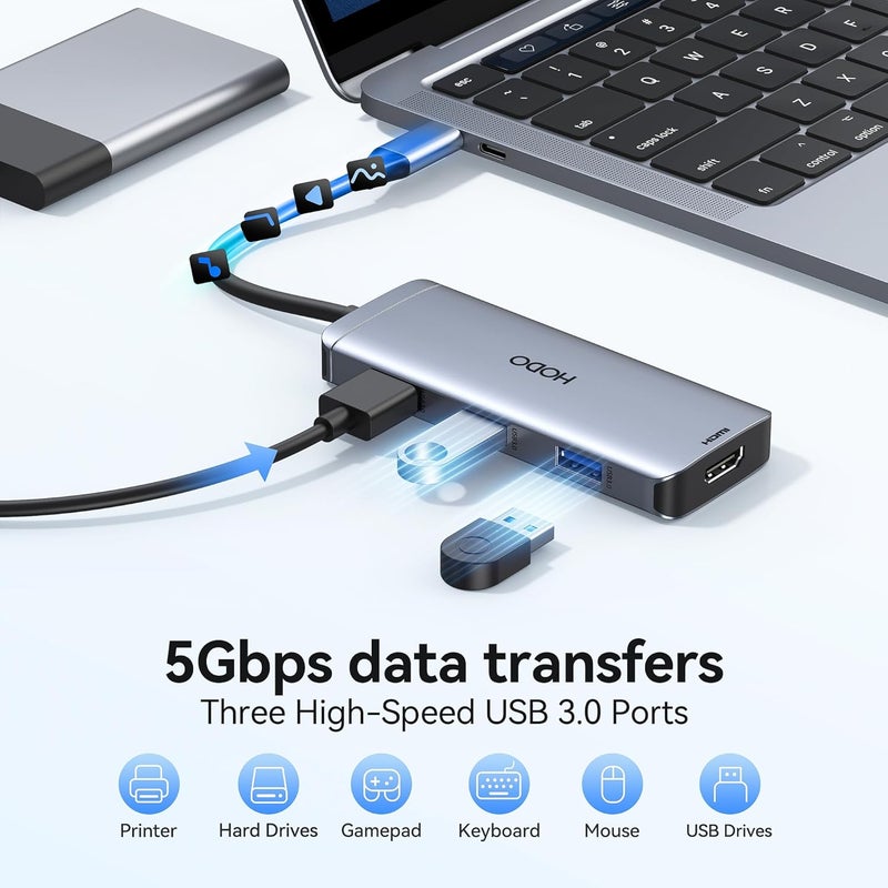 HOdo USB-C Hub Multiport Adapter for MacBook Air/Pro - 6 in 1 HDMI Dongle with 4K, USB 3.0 Ports, SD/TF Card Reader for MacBook m1/m2/m3/m4, Dell XPS, HP, Lenovo, Surface and Other Type-C Devices - Image 4